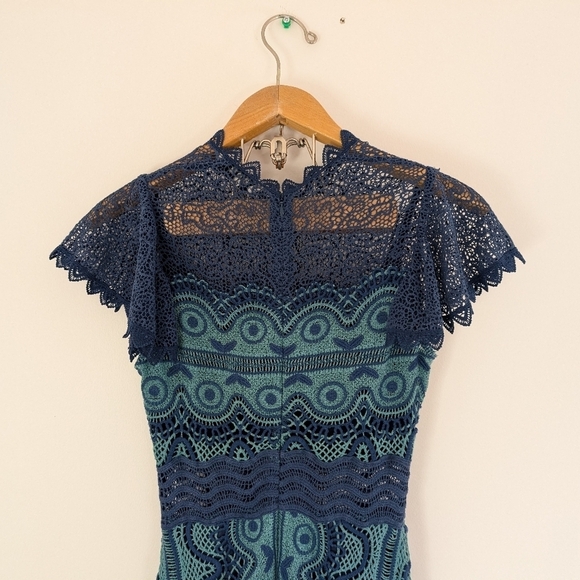 Sea New York Dress Womens 2 Blue Teal Lola Lace Sheath Flounce Hem Midi FLAW - Picture 5 of 7